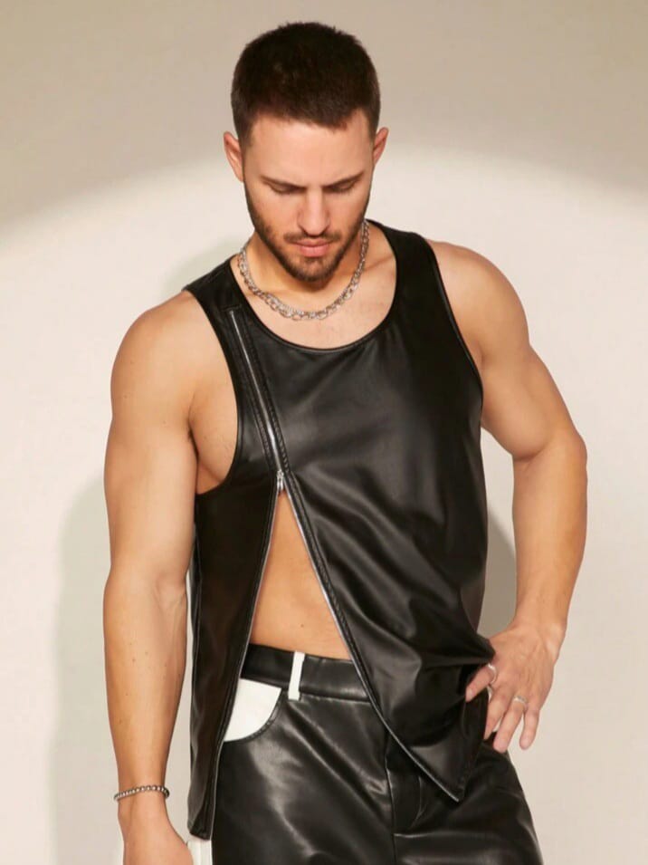 Streak Hawk Fever City Men's Knitted Leisure PU Leather Tank Top Vests